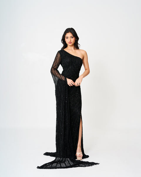 Chic One-Shoulder Sequin Gown with Sheer Sleeve