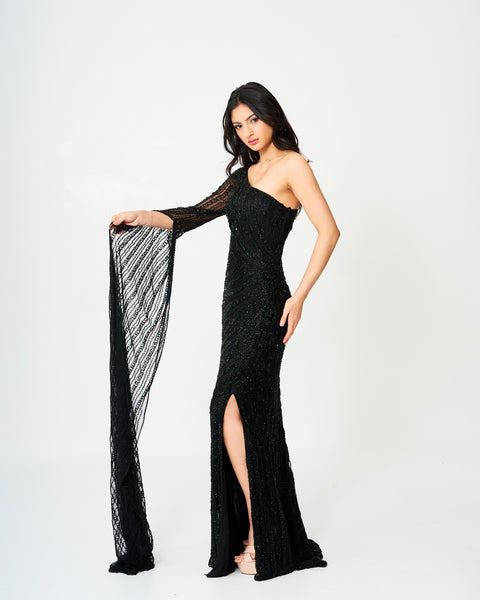 Chic One-Shoulder Sequin Gown with Sheer Sleeve