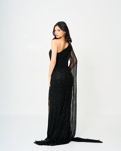 Chic One-Shoulder Sequin Gown with Sheer Sleeve