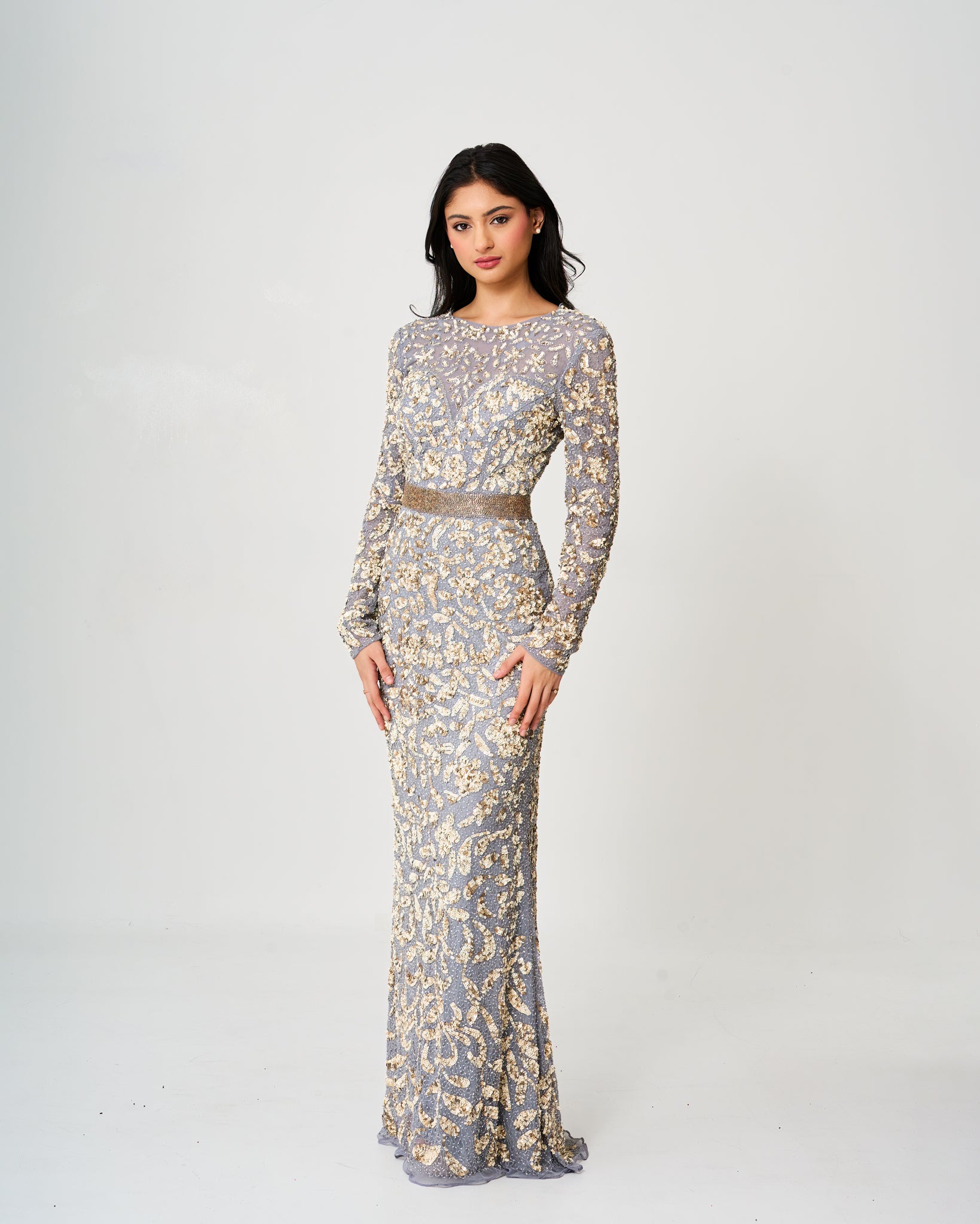 Enchanted Silver Sequin Gown with Long Sleeves – Mahender NYC