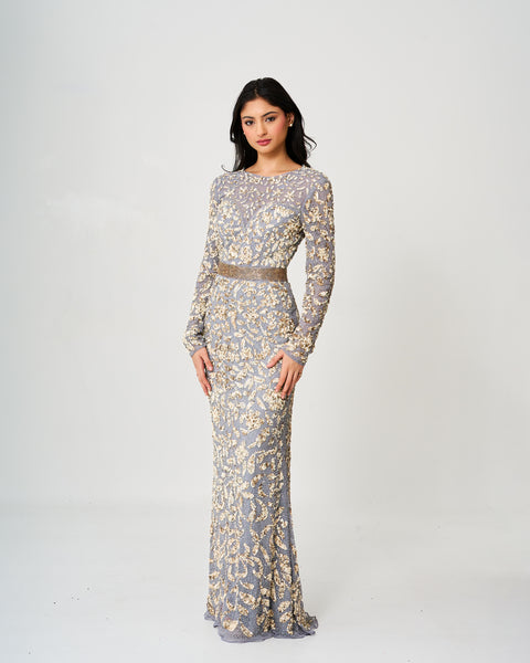 Enchanted Silver Sequin Gown with Long Sleeves