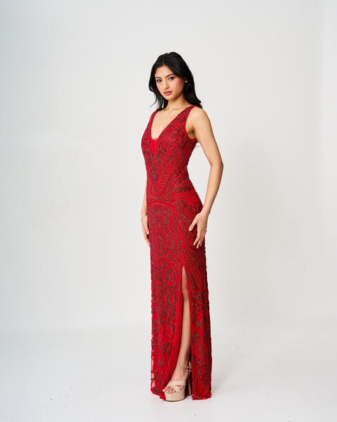 Ruby Radiance Beaded Gown