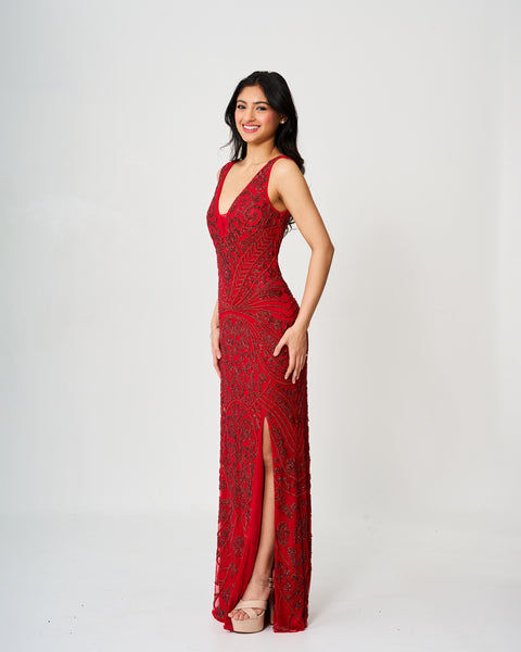 Ruby Radiance Beaded Gown