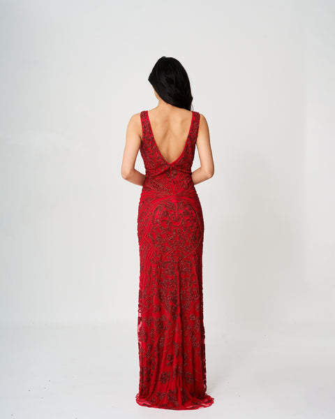 Ruby Radiance Beaded Gown