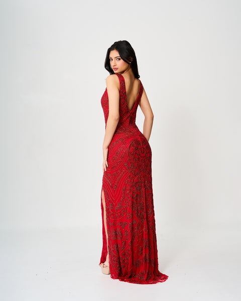 Ruby Radiance Beaded Gown